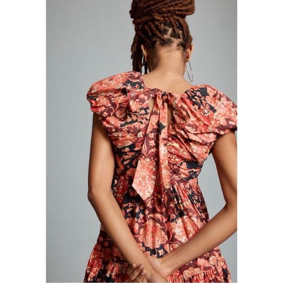 NEW By Anthropologie Deep V-Neck Puff Sleeve Bow Tie Back Babydoll Dress Size 2 - Picture 2 of 6